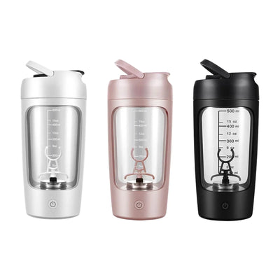 650ml portable electric protein shaker bottle in white, pink, and black, ideal for fitness workouts.