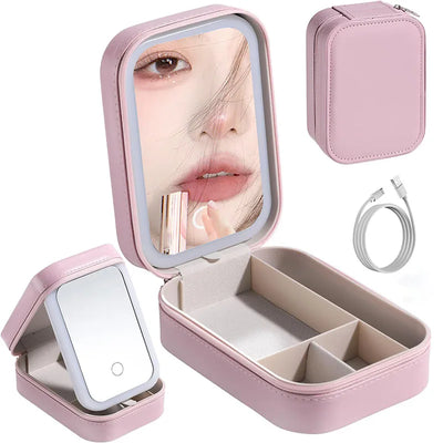 LED makeup bag with mirror in pink, featuring PU material, zipper closure, and storage compartments.