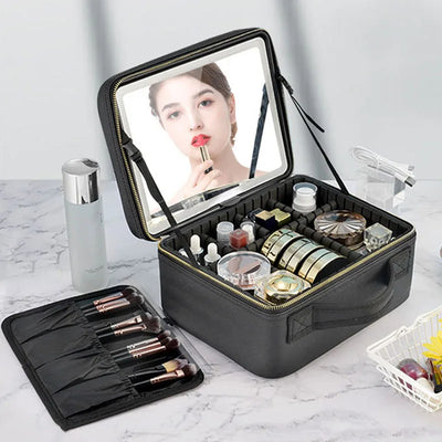 Smart Makeup Case with built-in mirror and organized compartments on marble tabletop.