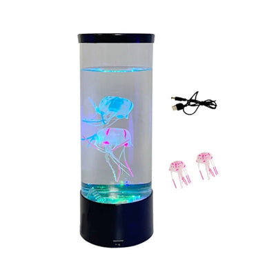 USB jellyfish lamp with color-changing LED lights in a mini aquarium, ideal for a modern room setting.