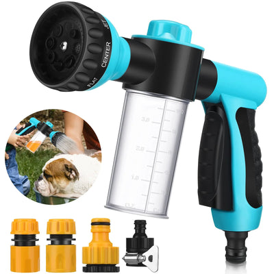 Outdoor dog shower sprayer with 8-in-1 functionality and plastic material.