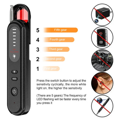 Signal Spyder Hidden Camera Detector with sensitivity adjustment features, CE and RoHS certified.